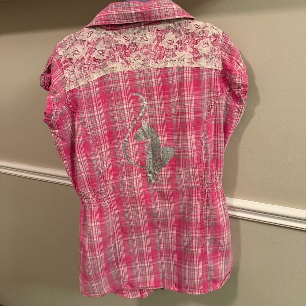Baby Phat Y2K Pink Plaid Lace Button Front Top Size M - Picture 2 of 12